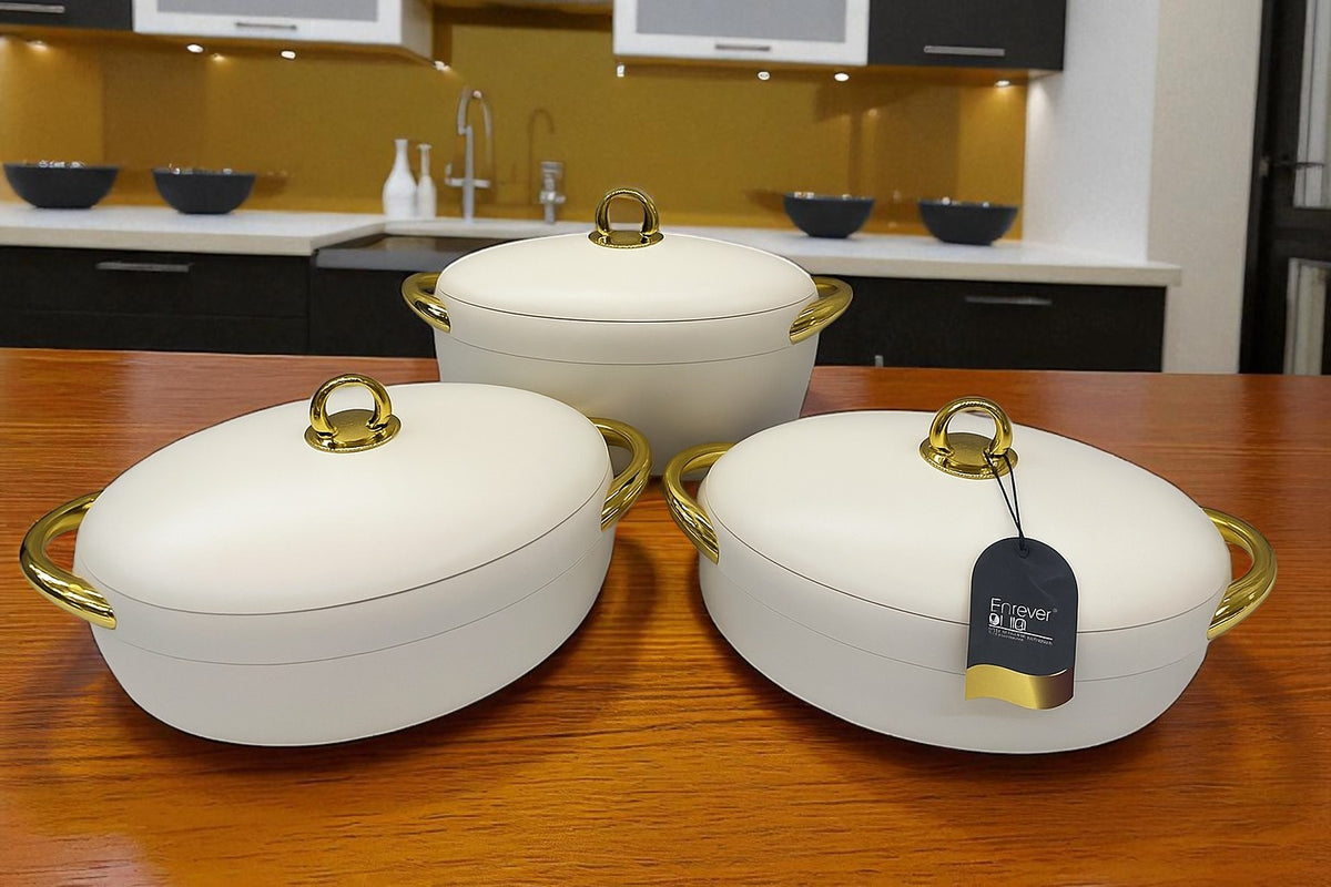 Imported Forever Gold White Oval Hot Pot Set – Keep Food Fresh & Warm for hours