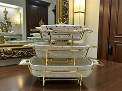 Luxury Imported White Marble textured Rectangular Porcelain Serving Dishes – Lidded with Handles (Three Sizes)