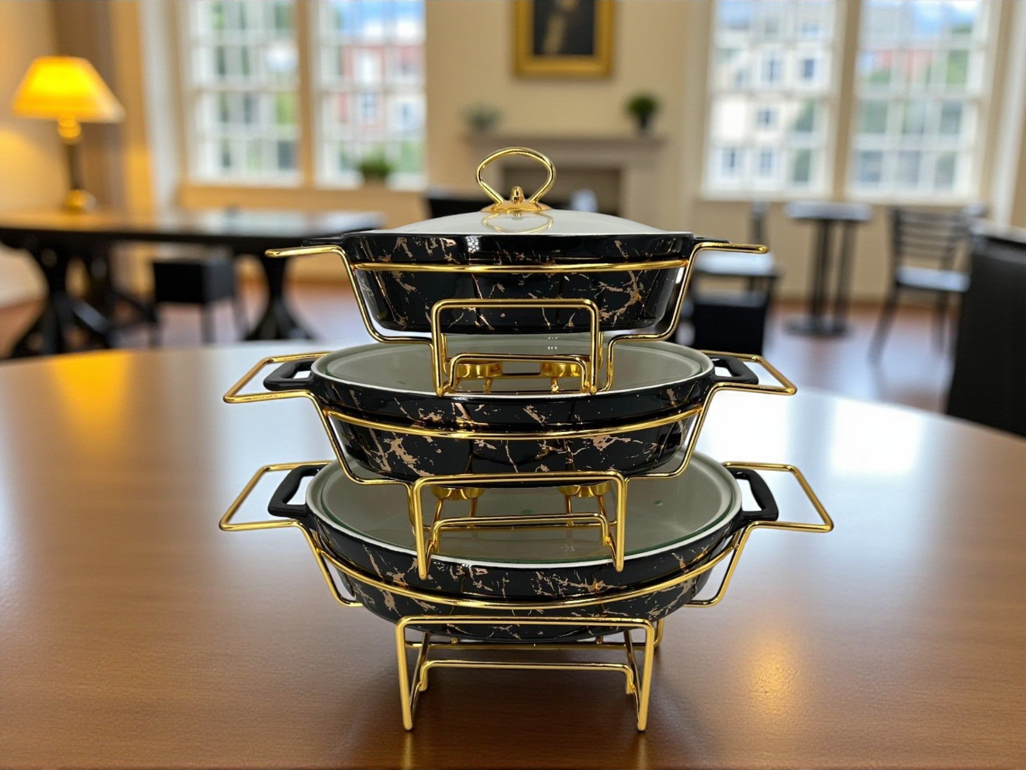 Elegant Imported Oval Porcelain Serveware – Black Marble with Handles & Matching Lid (Three Sizes)