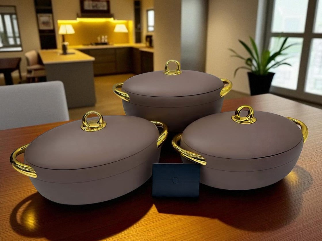 Imported Forever Gold Coffee-coloured Oval Hot Pot Set – Keep Food Fresh & Warm in Style