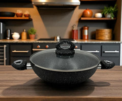 Baroly Imported Granite Non-Stick Wok with Glass Lid – Premium Cooking Pan