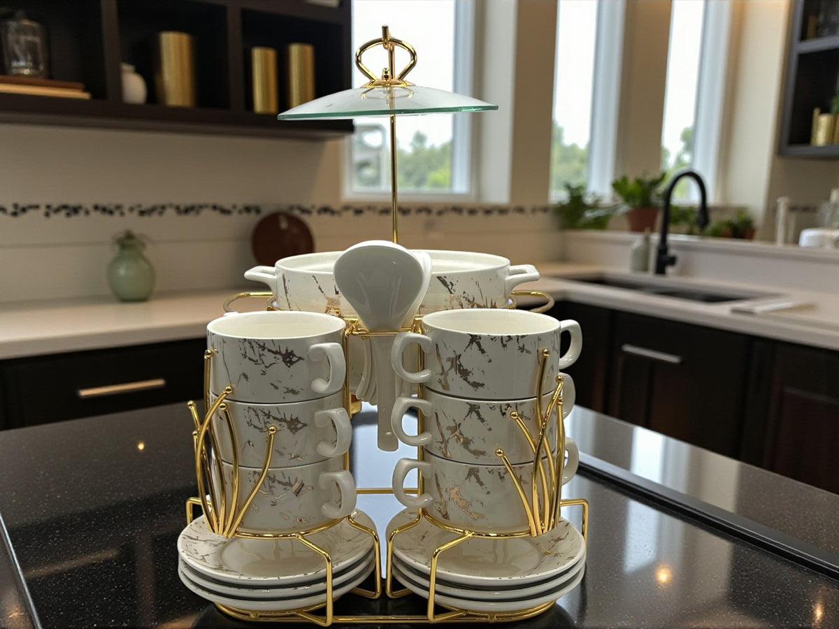 22-Piece Luxury Soup Set with Gold-Plated Stand & Marble Print | White & Gold
