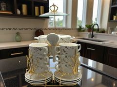 22-Piece Luxury Soup Set with Gold-Plated Stand & Marble Print | White & Gold
