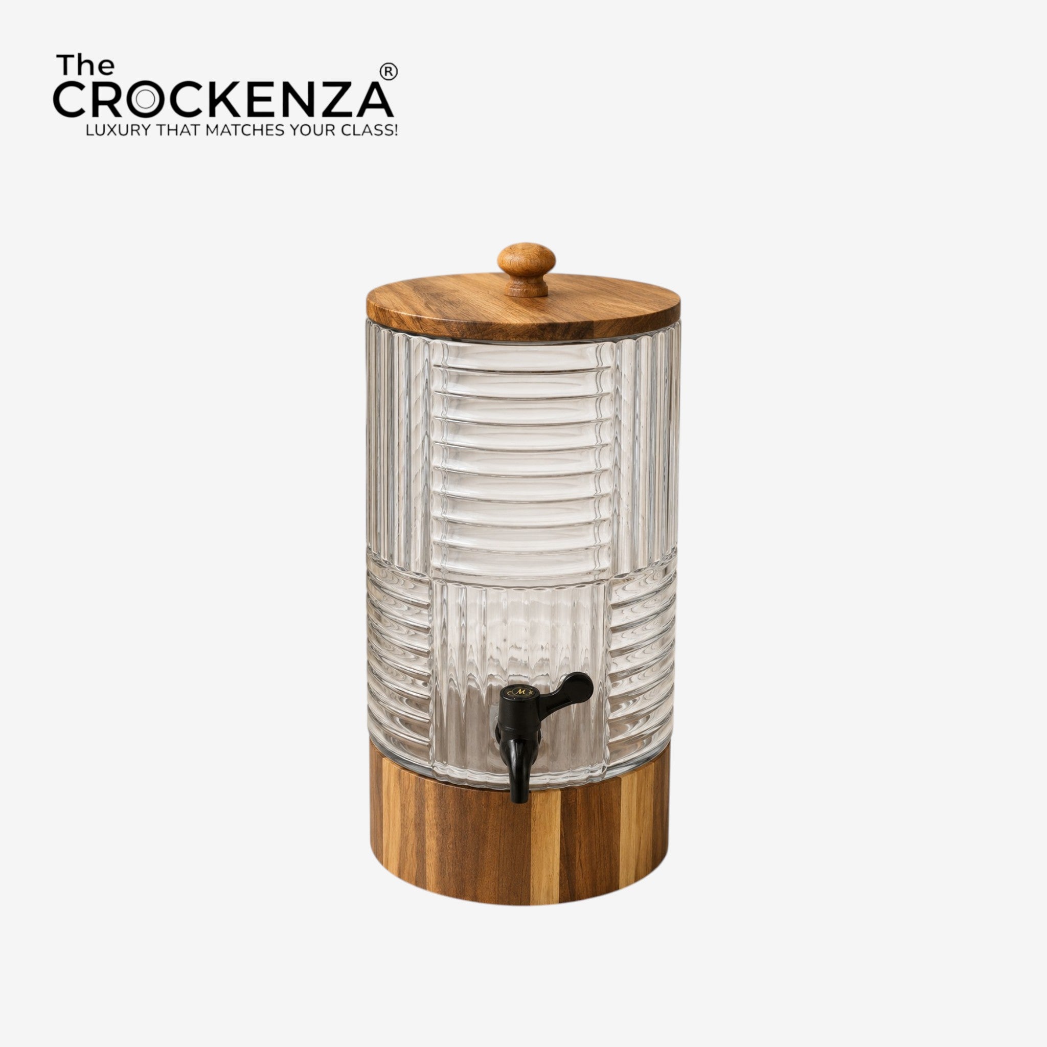 Luxury Glass Beverage Dispenser with Wooden Lid & Stand (3L & 4L) – Premium Ribbed Drink Server with Tap for Water, Juice & Parties