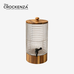 Luxury Glass Beverage Dispenser with Wooden Lid & Stand (3L & 4L) – Premium Ribbed Drink Server with Tap for Water, Juice & Parties